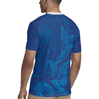 Hawaiian Monk Seal and Whale Rugby Jersey Kakau Tribal Pattern Blue Color