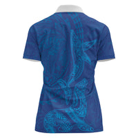 Hawaiian Monk Seal and Whale Women Polo Shirt Kakau Tribal Pattern Blue Color
