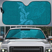 Hawaiian Monk Seal and Whale Auto Sun Shade Kakau Tribal Pattern Teal Color