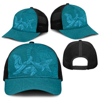 Hawaiian Monk Seal and Whale Baseball Net Cap Kakau Tribal Pattern Teal Color