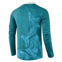 Hawaiian Monk Seal and Whale Button Sweatshirt Kakau Tribal Pattern Teal Color