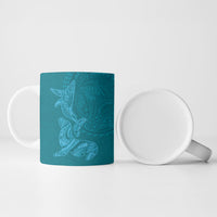 Hawaiian Monk Seal and Whale Ceramic Mug Kakau Tribal Pattern Teal Color