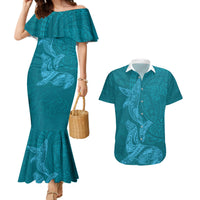 Hawaiian Monk Seal and Whale Couples Matching Mermaid Dress and Hawaiian Shirt Kakau Tribal Pattern Teal Color LT03 Teal - Polynesian Pride