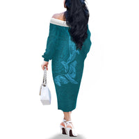 Hawaiian Monk Seal and Whale Family Matching Off The Shoulder Long Sleeve Dress and Hawaiian Shirt Kakau Tribal Pattern Teal Color LT03 - Polynesian Pride