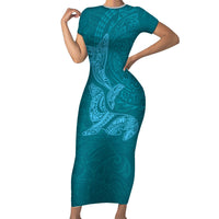 Hawaiian Monk Seal and Whale Family Matching Short Sleeve Bodycon Dress and Hawaiian Shirt Kakau Tribal Pattern Teal Color LT03 Mom's Dress Teal - Polynesian Pride