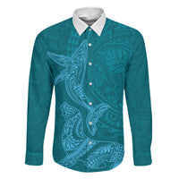 Hawaiian Monk Seal and Whale Family Matching Summer Maxi Dress and Hawaiian Shirt Kakau Tribal Pattern Teal Color LT03 Dad's Shirt - Long Sleeve Teal - Polynesian Pride