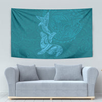 Hawaiian Monk Seal and Whale Tapestry Kakau Tribal Pattern Teal Color