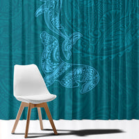 Hawaiian Monk Seal and Whale Window Curtain Kakau Tribal Pattern Teal Color