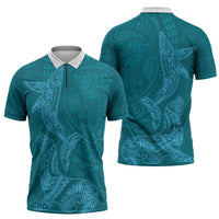 Hawaiian Monk Seal and Whale Zipper Polo Shirt Kakau Tribal Pattern Teal Color
