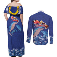 Hawaiian Sea Animals Couples Matching Off Shoulder Maxi Dress and Long Sleeve Button Shirt Whales Shark and Turtle Guardians with Tribal Pattern