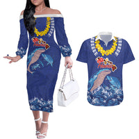 Hawaiian Sea Animals Couples Matching Off The Shoulder Long Sleeve Dress and Hawaiian Shirt Whales Shark and Turtle Guardians with Tribal Pattern LT03 Blue - Polynesian Pride