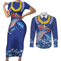 Hawaiian Sea Animals Couples Matching Short Sleeve Bodycon Dress and Long Sleeve Button Shirt Whales Shark and Turtle Guardians with Tribal Pattern