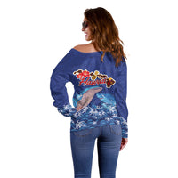 Hawaiian Sea Animals Off Shoulder Sweater Whales Shark and Turtle Guardians with Tribal Pattern