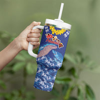 Hawaiian Sea Animals Tumbler With Handle Whales Shark and Turtle Guardians with Tribal Pattern