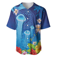 Fiji Jellyfish Baseball Jersey Tapa Patterns and Hibiscus Sea Vibe