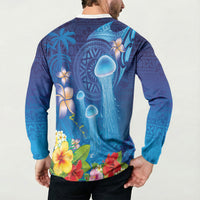 Fiji Jellyfish Button Sweatshirt Tapa Patterns and Hibiscus Sea Vibe
