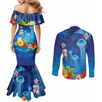 Fiji Jellyfish Couples Matching Mermaid Dress and Long Sleeve Button Shirt Tapa Patterns and Hibiscus Sea Vibe