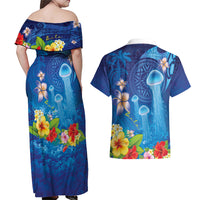 Fiji Jellyfish Couples Matching Off Shoulder Maxi Dress and Hawaiian Shirt Tapa Patterns and Hibiscus Sea Vibe