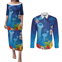 Fiji Jellyfish Couples Matching Puletasi and Long Sleeve Button Shirt Tapa Patterns and Hibiscus Sea Vibe