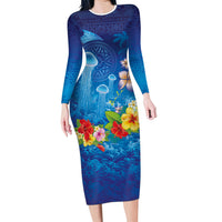 Fiji Jellyfish Family Matching Long Sleeve Bodycon Dress and Hawaiian Shirt Tapa Patterns and Hibiscus Sea Vibe LT03 Mom's Dress Blue - Polynesian Pride