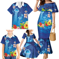 Fiji Jellyfish Family Matching Mermaid Dress and Hawaiian Shirt Tapa Patterns and Hibiscus Sea Vibe LT03 - Polynesian Pride