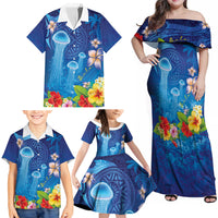 Fiji Jellyfish Family Matching Off Shoulder Maxi Dress and Hawaiian Shirt Tapa Patterns and Hibiscus Sea Vibe LT03 - Polynesian Pride