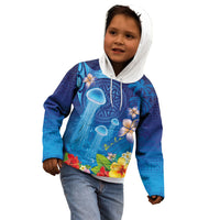 Fiji Jellyfish Kid Hoodie Tapa Patterns and Hibiscus Sea Vibe