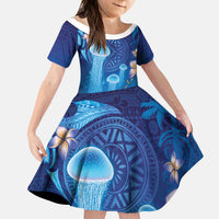 Fiji Jellyfish Kid Short Sleeve Dress Tapa Patterns and Hibiscus Sea Vibe
