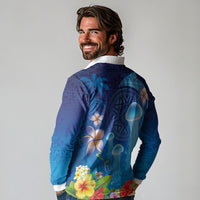 Fiji Jellyfish Long Sleeve Polo Shirt Tapa Patterns and Hibiscus Sea Vibe