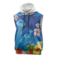 Fiji Jellyfish Sleeveless Hoodie Tapa Patterns and Hibiscus Sea Vibe