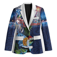 New Zealand Merry Christmas Blazer Maori Tribal Pattern with Xmas Tui Bird