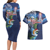 New Zealand Merry Christmas Couples Matching Long Sleeve Bodycon Dress and Hawaiian Shirt Maori Tribal Pattern with Xmas Tui Bird LT03 - Polynesian Pride