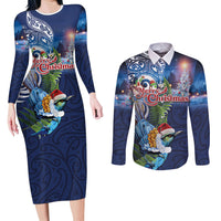 New Zealand Merry Christmas Couples Matching Long Sleeve Bodycon Dress and Long Sleeve Button Shirt Maori Tribal Pattern with Xmas Tui Bird LT03 Multicolor - Polynesian Pride