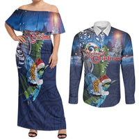 New Zealand Merry Christmas Couples Matching Off Shoulder Maxi Dress and Long Sleeve Button Shirt Maori Tribal Pattern with Xmas Tui Bird LT03 Multicolor - Polynesian Pride
