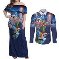 New Zealand Merry Christmas Couples Matching Off Shoulder Maxi Dress and Long Sleeve Button Shirt Maori Tribal Pattern with Xmas Tui Bird LT03 Multicolor - Polynesian Pride