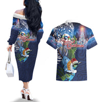 New Zealand Merry Christmas Couples Matching Off The Shoulder Long Sleeve Dress and Hawaiian Shirt Maori Tribal Pattern with Xmas Tui Bird LT03 - Polynesian Pride