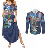 New Zealand Merry Christmas Couples Matching Summer Maxi Dress and Long Sleeve Button Shirt Maori Tribal Pattern with Xmas Tui Bird LT03 Multicolor - Polynesian Pride