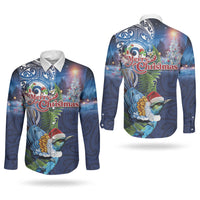 New Zealand Merry Christmas Couples Matching Summer Maxi Dress and Long Sleeve Button Shirt Maori Tribal Pattern with Xmas Tui Bird LT03 - Polynesian Pride