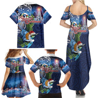 New Zealand Merry Christmas Family Matching Summer Maxi Dress and Hawaiian Shirt Maori Tribal Pattern with Xmas Tui Bird LT03 - Polynesian Pride