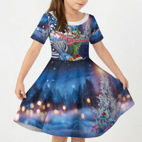 New Zealand Merry Christmas Kid Short Sleeve Dress Maori Tribal Pattern with Xmas Tui Bird LT03 KID Multicolor - Polynesian Pride