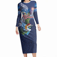 New Zealand Merry Christmas Long Sleeve Bodycon Dress Maori Tribal Pattern with Xmas Tui Bird LT03 Long Dress Multicolor - Polynesian Pride