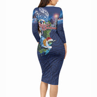New Zealand Merry Christmas Long Sleeve Bodycon Dress Maori Tribal Pattern with Xmas Tui Bird LT03 - Polynesian Pride