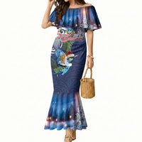 New Zealand Merry Christmas Mermaid Dress Maori Tribal Pattern with Xmas Tui Bird LT03 Women Multicolor - Polynesian Pride