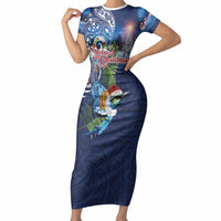 New Zealand Merry Christmas Short Sleeve Bodycon Dress Maori Tribal Pattern with Xmas Tui Bird LT03 Long Dress Multicolor - Polynesian Pride