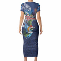 New Zealand Merry Christmas Short Sleeve Bodycon Dress Maori Tribal Pattern with Xmas Tui Bird LT03 - Polynesian Pride
