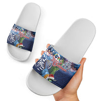 New Zealand Merry Christmas Slide Sandals Maori Tribal Pattern with Xmas Tui Bird
