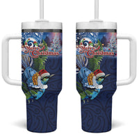 New Zealand Merry Christmas Tumbler With Handle Maori Tribal Pattern with Xmas Tui Bird