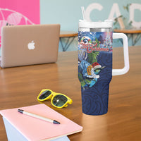 New Zealand Merry Christmas Tumbler With Handle Maori Tribal Pattern with Xmas Tui Bird