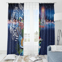 New Zealand Merry Christmas Window Curtain Maori Tribal Pattern with Xmas Tui Bird