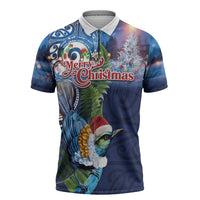 New Zealand Merry Christmas Zipper Polo Shirt Maori Tribal Pattern with Xmas Tui Bird LT03 Multicolor - Polynesian Pride
